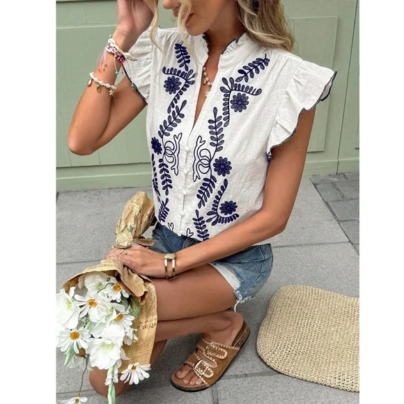 Cotton White Button Down Shirt Blue Floral Embroidery Ruffle Cap Sleeves V-Neck - Picture 6 of 9